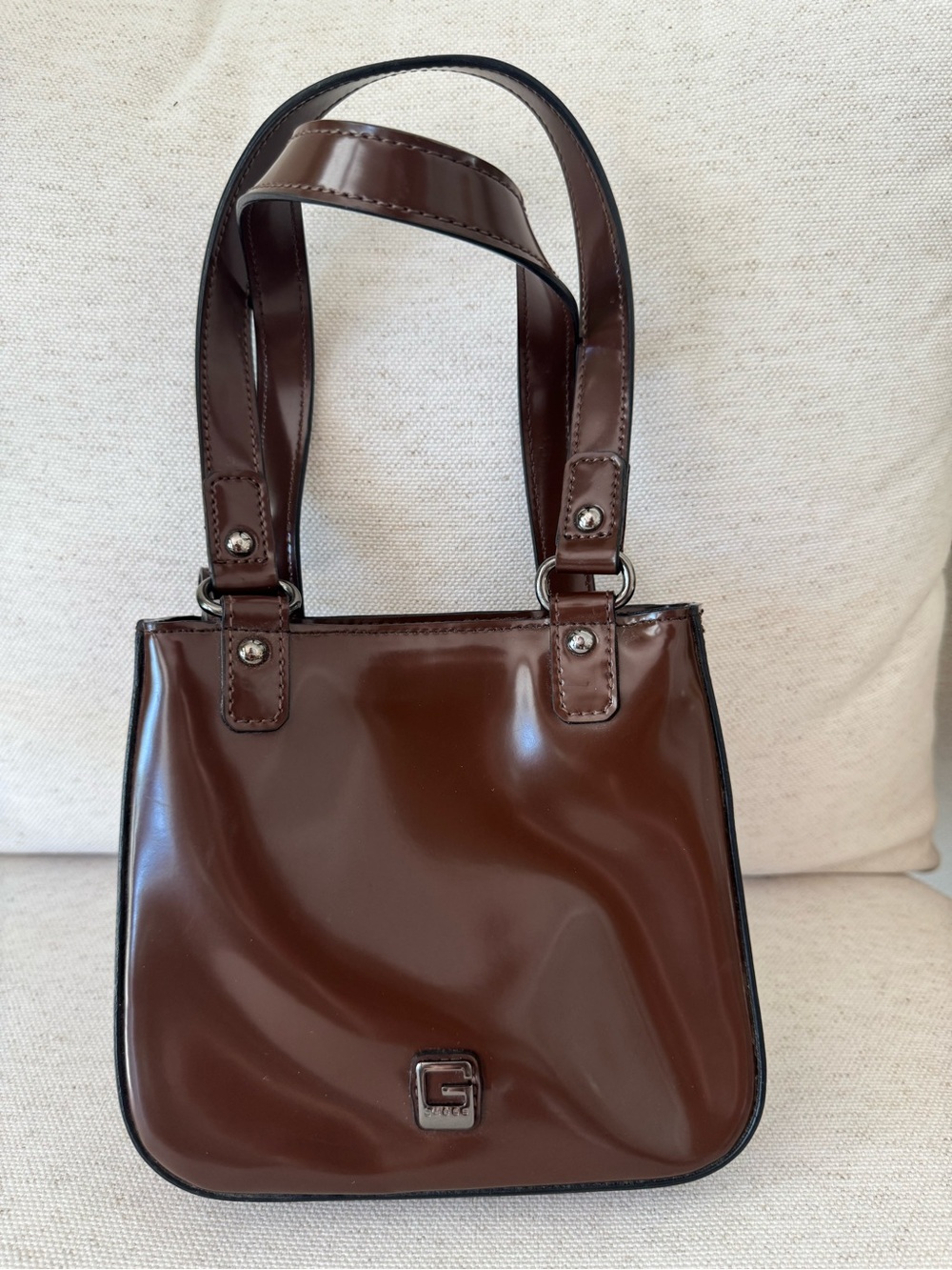 Y2K GUESS Vintage Glossy Patent Chocolate Brown Small Handbag Purse 2000s